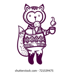 Cute animal. A little fox with a cup of tea and a biscuit. To print T-shirts, bags or cover.