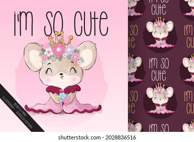 Cute animal little queen baby mouse with seamless pattern: can be used for cards, invitations, baby shower, posters; with white isolated background
 