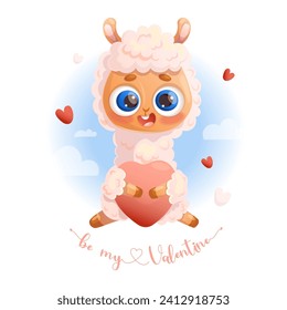 Cute animal Llama Alpaca with heart. Vector illustration romantic valentine in cartoon style.