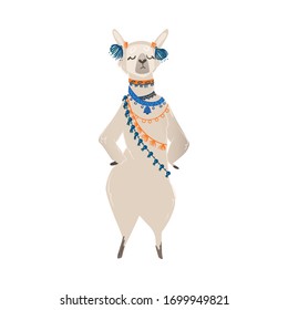 A cute animal llama or alpaca stands on its hind legs in headphones and traditional jewelery. An isolated cartoon vector illustration of a llama from Peru.