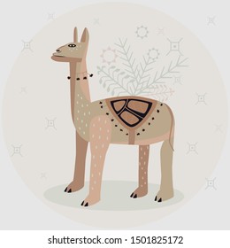 Cute animal llama in tribal style. Print for apparel, poster, postcard. Vector flat illustration of a beautiful llama.