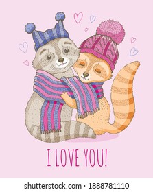 Cute animal love couple. Vector Valentine  cartoon raccoon baby illustration with hearts. Funny romantic or wedding background. Watercolor girl and boy in scarf drawing. Cute Valentine's greetin card 