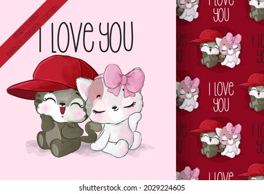 Cute animal lovely baby kitten seamless pattern: can be used for cards, invitations, baby shower, posters; with white isolated background
