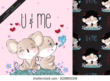 Cute animal lovely baby mouse seamless pattern: can be used for cards, invitations, baby shower, posters; with white isolated background
 