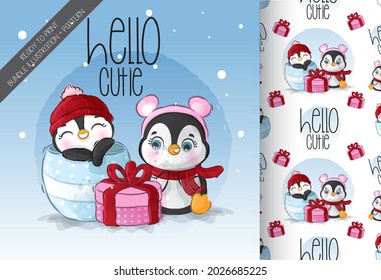 Cute animal lovely baby penguin seamless pattern: can be used for cards, invitations, baby shower, posters; with white isolated background
