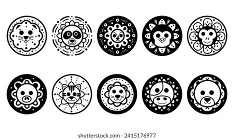 Cute Animal Mandalas Sammlung, handgezeichnet schwarz-weiß Design, Vektorgrafik.