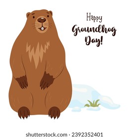 Cute animal marmot. Holiday card Happy Groundhog Day. February 2. Vector illustration