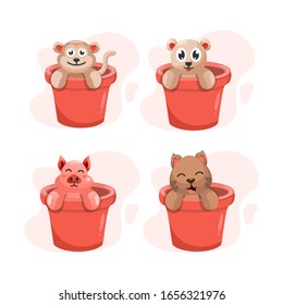 cute animal mascot cartoon vector, sheep, cat, dog, bear in the bucket