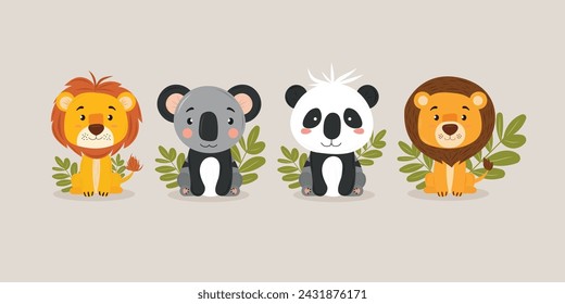 Cute animal mascot set -  tiger, panda, koala, lion on gray isolated background. Children's vector. For characters in children's books, comics, cartoons.