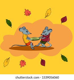 Cute animal mice fight over a piece of cucumber cartoon hand drawn vector illustration. Can be used for t-shirt print, kids wear fashion design, baby shower invitation card