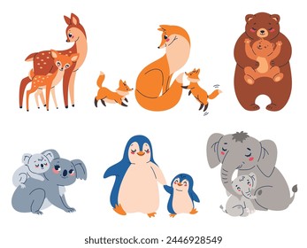 Cute animal moms and babies. Cartoon funny mothers and children, fauna characters, parent with kids, lovely zoo families, little deer, fox and bear, exotic koala, penguin and elephant vector set