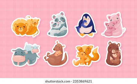 Cute Animal Mother and Baby Together Hug and Embrace Vector Sticker Set