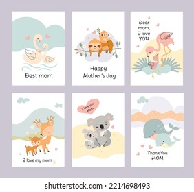 Cute animal mother day cards. Cubs and mummy, baby animals love mom. Female fauna characters, funny sloth koala swan. Nowaday childish vector set