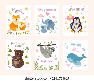 Cute animal mother day. Mothers and animals babies, mommy holiday postcards template. Neoteric cute wild cartoon children hug mom vector print