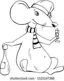 Cute animal mouse with a glass of champagne and a bottle for coloring book cartoon hand drawn vector illustration. Can be used for t-shirt print, kids wear fashion design, baby shower invitation card