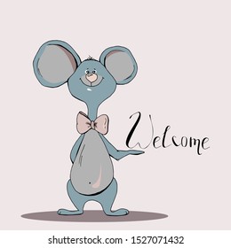 Cute animal mouse inviting you to log in with lettering welcome cartoon hand drawn vector illustration 