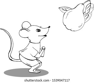 Cute animal mouse in shorts and shirt looking at the pear for coloring book cartoon hand drawn vector illustration. Can be used for t-shirt print, kids wear fashion design, baby shower invitation card