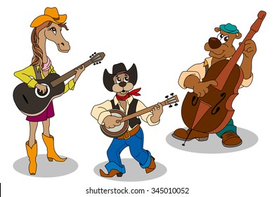 Cute animal music band. Cartoon animals bear, horse, dog playing on musical instruments.