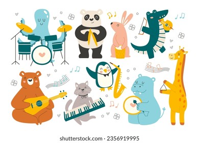 El personaje de dibujos animados de un músico animal que toca instrumentos musicales aislado en un fondo blanco. Ilustración vectorial de oso alegre, panda, conejo, pulpo, gato, hipopótamo, rendimiento de lagarto