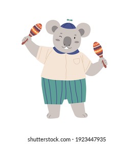 Cute animal musician playing Latin music with maracas. Happy koala shaking Mexican musical instrument. Funny kids character. Colored flat vector illustration isolated on white background