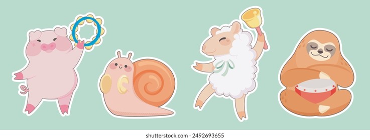 Cute animal musicians band with different music instruments playing song and dancing. Cartoon vector set of childish pig with tambourine, snail with hand cymbal, sheep with bell and sloth with drum.