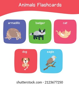 Cute animal names flashcards for school. Practicing to learning animals name. Educational printable game cards with images using funny insect animals for kids. Printable and colourful worksheet. 