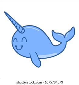Cute animal narwhal blue color flat style