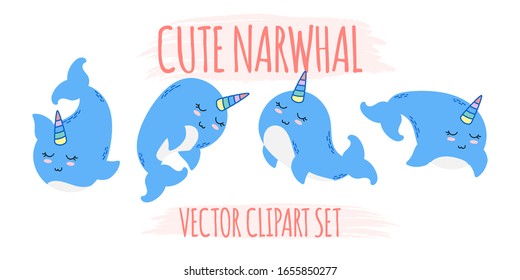 CUTE ANIMAL NARWHAL DOODLE CARTOON VECTOR 