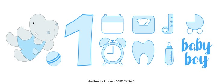 Cute animal new baby born for one year little boy set of icons, sweet hippo character, clock, tooth, bottle, scale, weight machine, calendar,  vector illustration