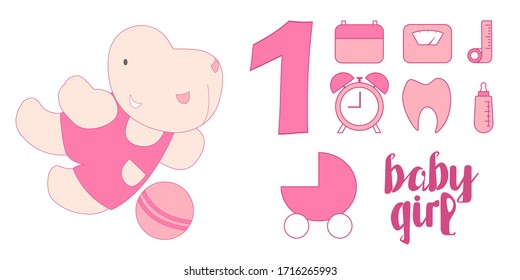 Cute animal, new baby born for one year old little girl, set of icons, sweet hippo character, clock, tooth, bottle, scale, weight machine, calendar, lettering design vector illustration