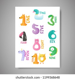 Cute animal numbers from 1 to 10 hand drawn vector illustration for nursery poster, baby invitation card, stickers, flyer, greetings, wall art