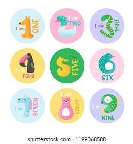 Cute animal numbers from 1 to 9 hand drawn vector illustration for stickers, nursery poster, baby invitation card, flyer, greetings, wall art