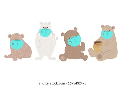 Cute animal object collection with bear wear mask.Vector illustration for prevention the spread of bacteria,coronviruses