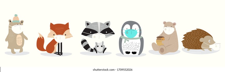 Cute animal object collection with bear,fox,skunk,penguin,hedgehog wear mask.Vector illustration for prevention the spread of bacteria,coronviruses