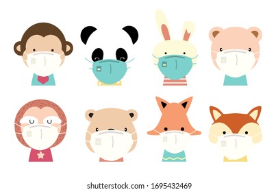 Cute animal object collection with giraffe,fox,panda,monkey,rabbit,sloth,bear wear mask.Vector illustration for prevention the spread of bacteria,coronviruses