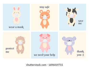 Cute animal object collection with koala, sheep, pig, rabbit, bear, cow wear mask. Vector illustration for prevention the spread of bacteria,coronviruses.  Animals wearing medical masks.