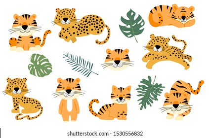 Cute animal object collection with leopard,tiger. illustration for icon,sticker,printable