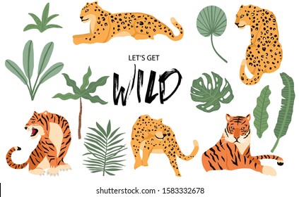 Cute animal object collection with leopard,tiger. illustration for icon,logo,sticker,printable.Include wording let's get wild