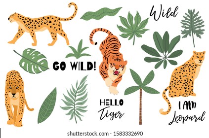 Cute animal object collection with leopard,tiger. illustration for icon,logo,sticker,printable.Include wording go wild,hello