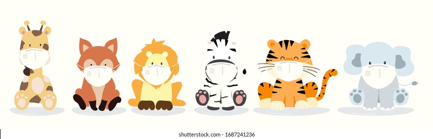Cute animal object collection with lion,fox,elephant,tiger wear mask.Vector illustration for prevention the spread of bacteria,coronviruses