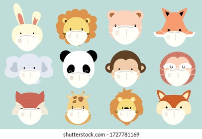 Cute animal object collection with lion,fox,rabbit,tiger, monkey, giraffe wear mask.Vector illustration for prevention the spread of bacteria,coronviruses