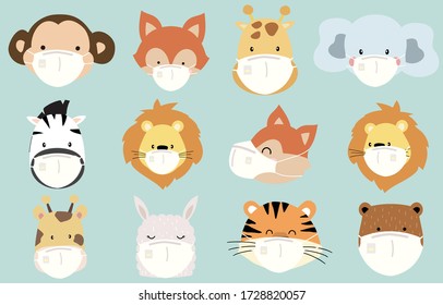 Cute animal object collection with lion,fox,zebra,tiger, monkey, giraffe wear mask.Vector illustration for prevention the spread of bacteria,coronviruses