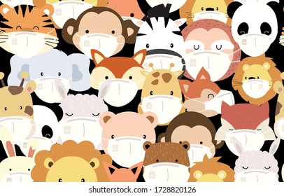 Cute animal object collection with lion,fox,zebra,tiger,elephant,llama wear mask.Vector illustration for prevention the spread of bacteria,coronviruses