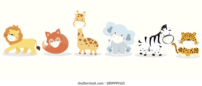 Cute animal object collection with  lion,giraffe,fox,zebra,elephant,leopard wear mask.Vector illustration for prevention the spread of bacteria,coronviruses