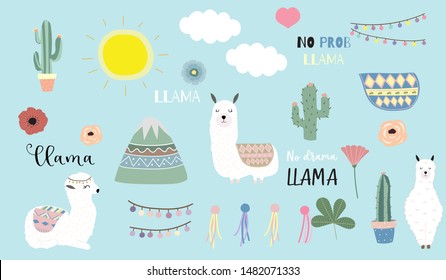 Cute animal object collection with llama,cactus,flower. Vector illustration for icon,logo,sticker,printable.Editable element
