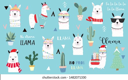 Cute animal object collection with llama,cactus,geometric. Vector illustration for icon,logo,sticker,printable.Editable element