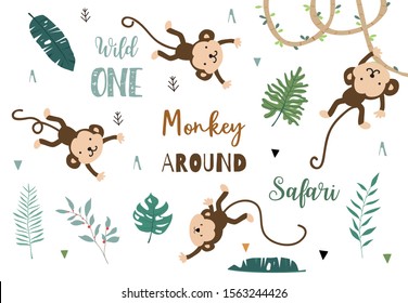 Cute animal object collection with monkey and leaves.Vector illustration for icon,logo,sticker,printable.Include wording monkey around