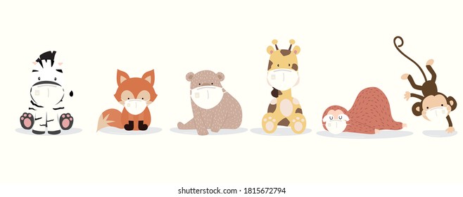 Cute animal object collection with  sloth,giraffe,fox,zebra,monkey,bear wear mask.Vector illustration for prevention the spread of bacteria,coronviruses