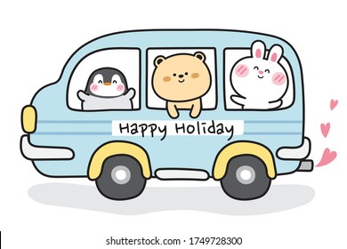 Cute animal on blue bus with happy holiday text on white background.Penguin,bear,rabbit hand drawn.Cartoon character design.Kawaii.Vector.Illustration.