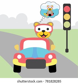 cute animal on a car, vector cartoon illustration